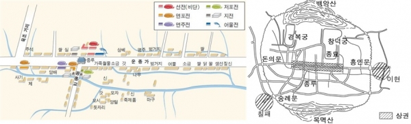 조선은 수도 한양의 중심지에 상설시장인 시전을 설치했다. 사람이 구름처럼 몰린다는 운종가(사진 왼쪽)에는 핵심 상권에 육의전이 위치했다. 허가받지 못한 상인들의 점포인 난전은 도성 밖에 설치됐으며 숭례문과 흥인지문의 밖에 있던 난전이 오늘날 남대문시장과 동대문시장의 원형이다.