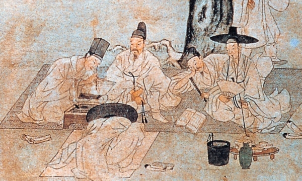 강희언의 그림 ‘사인시음(士人時吟)’에는 여러 종류의 모자를 쓴 선비들의 모습이 그려져 있다.
