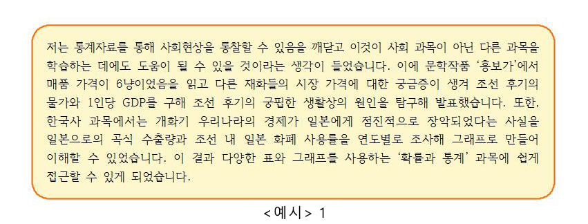 통계자료만 단순히 분석한 것이 아니라 사회, 국어 등의 과목을 통해 학문 간 연계 학습을 했고, 본인의 관심사를 다양한 분야로 확장하여 충분히 찾아보고 다각도로 학습할 수 있다는 점이 돋보인다.· 자료 출처 : 2022학년도 서울시립대 자기소개서 가이드북