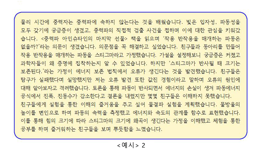 교과 수업에서 가졌던 호기심을 독서 및 동아리 활동으로 확장했고, 그 탐구과정에서 지원자의 생각이 잘 나타나고 있다. 본인의 의문 형성 과정을 보여주며, 차례대로 그 의문을 해결하기 위한 과정과 노력, 느낀 점, 실패의 원인 분석 등을 잘 기술했다. / 자료 : 2022학년도 서울시립대 자기소개서 가이드북