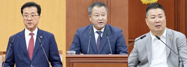 제9대 후반기 대전시의회 의장과 제1부의장, 제2부의장에 선출된 조원휘(국민의힘·유성구3), 송대윤(더불어민주당·유성구2), 황경아(국민의힘·비례) 의원. (사진 왼쪽부터)